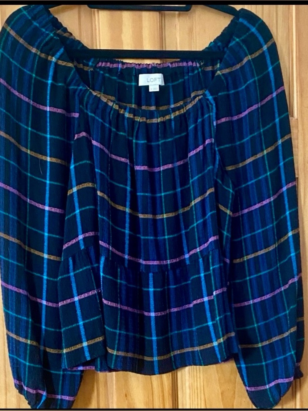 LOFT Plaid Peplum Blouse Textured Gauze Scoop Neck Long Sleeve Top XS